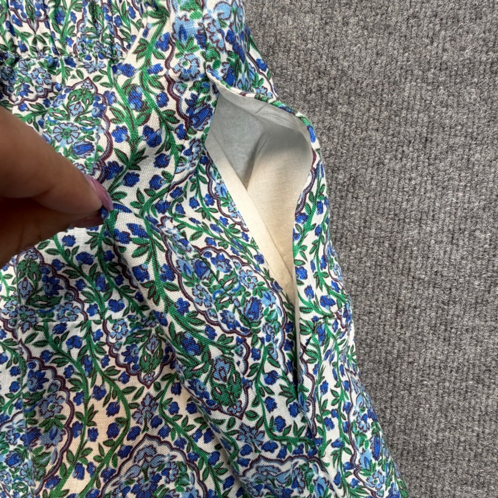 Boden Mini Skirt Womens 14 Blue Green Floral 100% Linen Damask Elastic Waist NEW - Picture 10 of 10